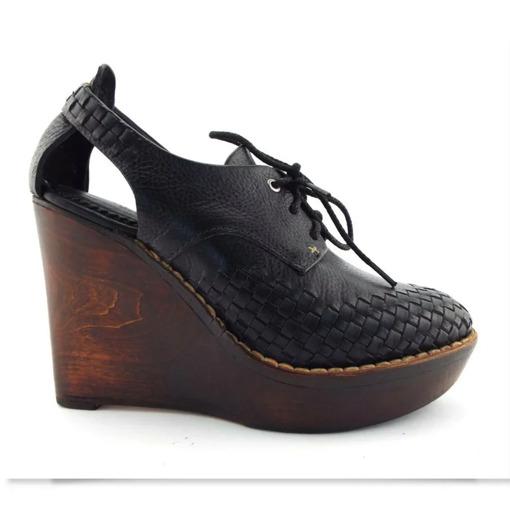 Rag & Bone Black Woven Leather Platform Oxford Wedge Cut-out Heel Pump 37